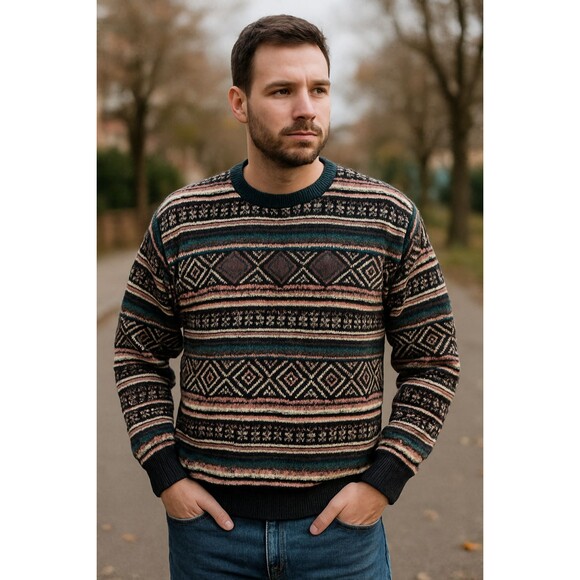 Vintage Impact Mens 80s Retro Tribal Aztec Knit Leather Applique Sweater XL - Picture 2 of 4